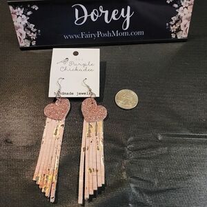 Pink Sparkle Heart Leather Fringe Earrings NWT